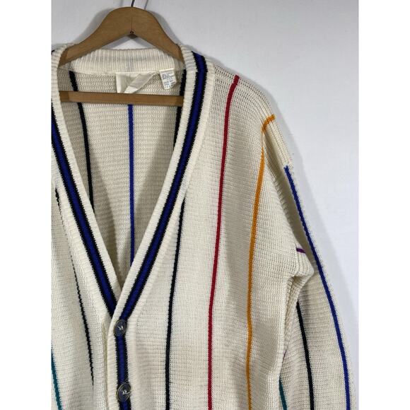 Vintage OP Cardigan Sweater Mens Large Rainbow Stripe White Chunky Knit Grandpa - Picture 2 of 13